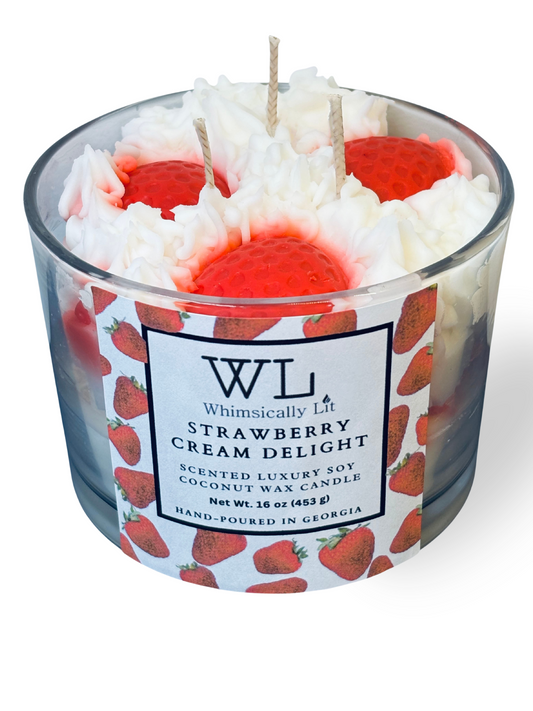 Whimsically Lit Strawberry Cream Delight 3 Wick Coconut Soy Candle